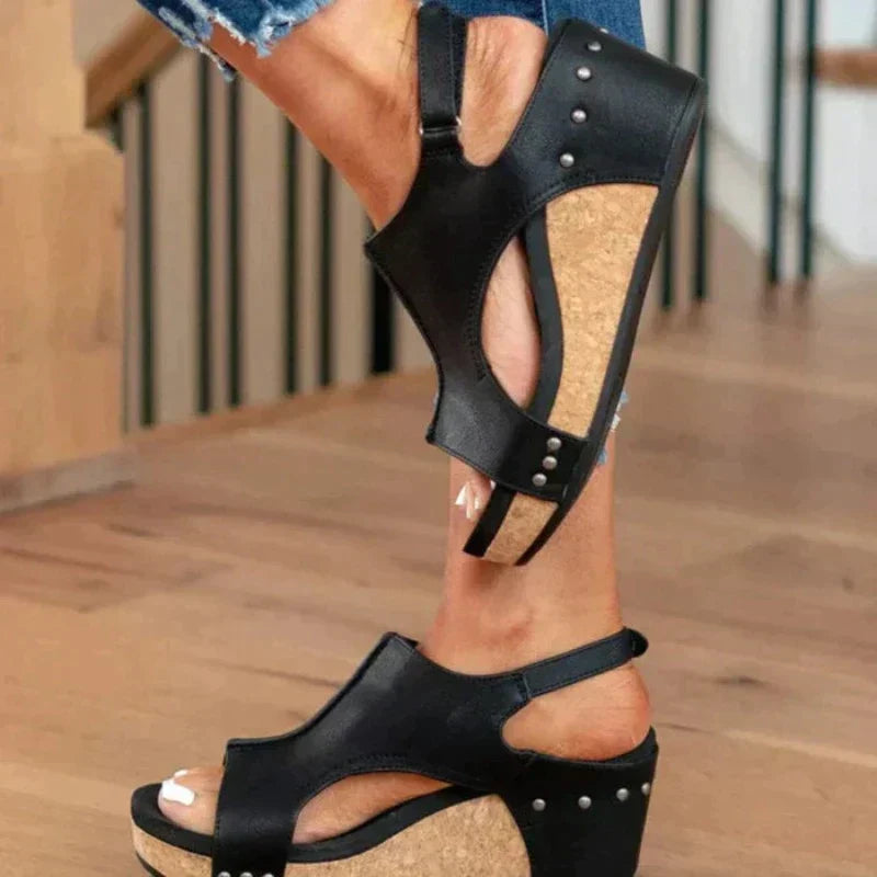 Peep Toe Cut Out Slingback Cork Wedge Sandals