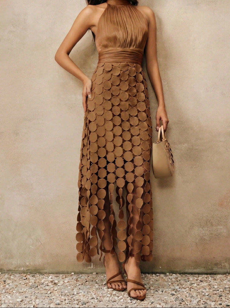 Halter Neck Ruched Disc Cut Out Fringe Hem Maxi Dress