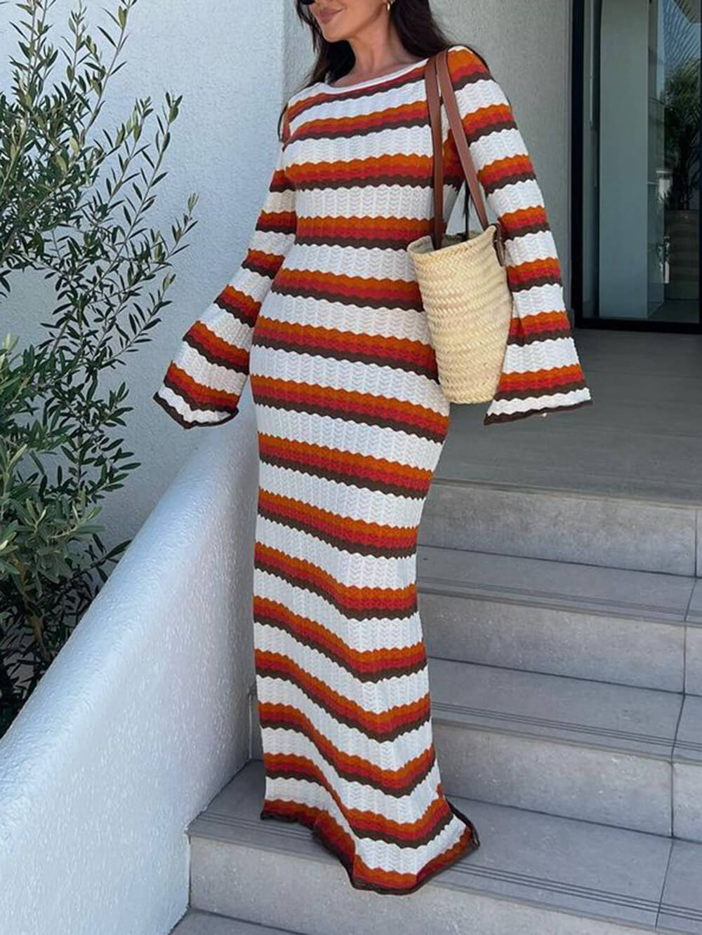 Crochet Zigzag Stripe Long Sleeve Bell Sleeve Maxi Dress