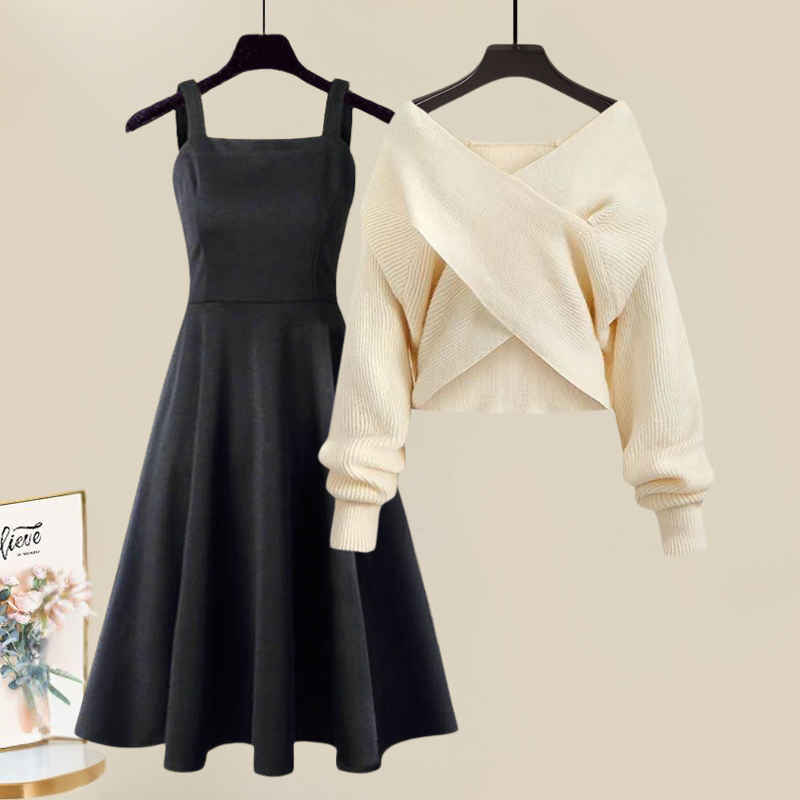 Square Neck Sleeveless A-Line Midi Dress and Cropped Off Shoulder Wrap Knit Sweater Two-Piece Set