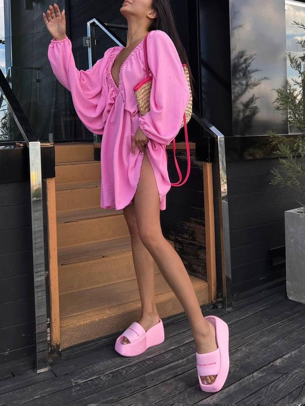 Deep V-Neck Balloon Sleeve Ruched Babydoll Mini Dress