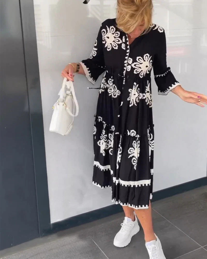 Border Trim Button Front V-Neck Drawstring Waist Tiered Ruffle Cuff Midi Shirt Dress