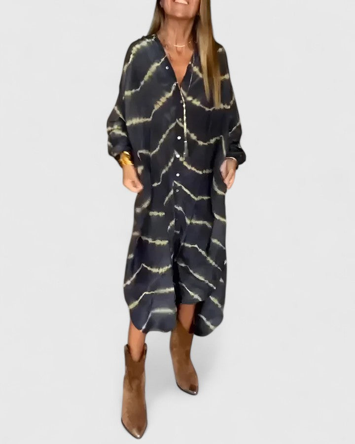 Tie Dye Button Front Long Sleeve Maxi Shirt Dress