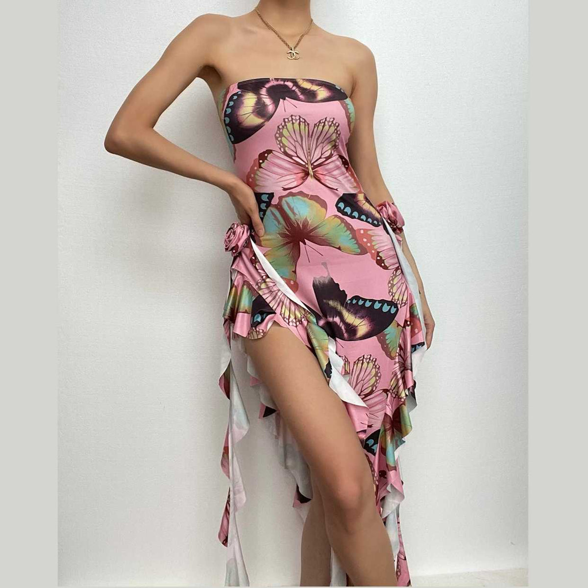 Butterfly Print Strapless Rosette Applique Ruffle High Split Maxi Dress