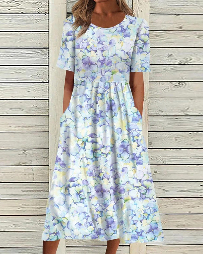 Floral Print Short Sleeve Round Neck Empire Waist Pocket Midi Dress