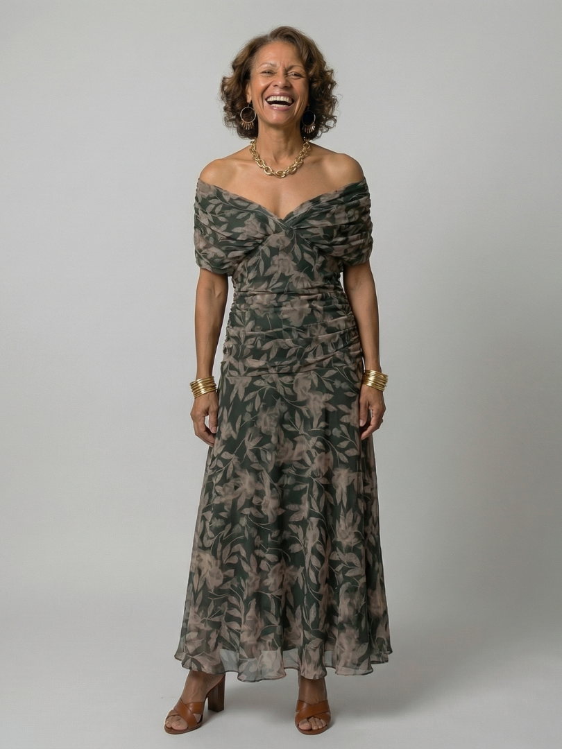 Floral Off Shoulder Ruched Maxi Dress