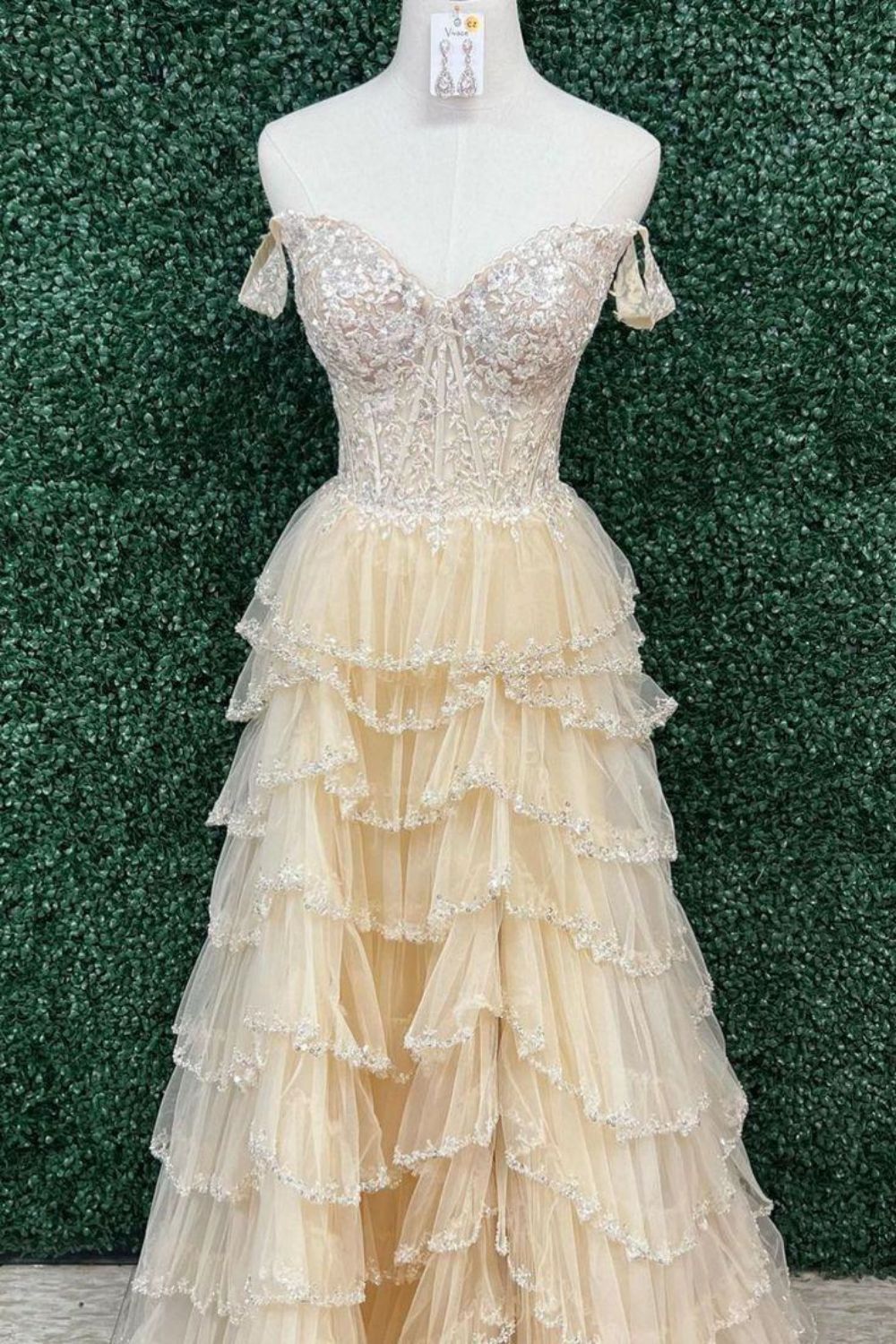 Elegant A Line Off the Shoulder Corset Light Champagne Corset Prom Dress with Lace Ruffles