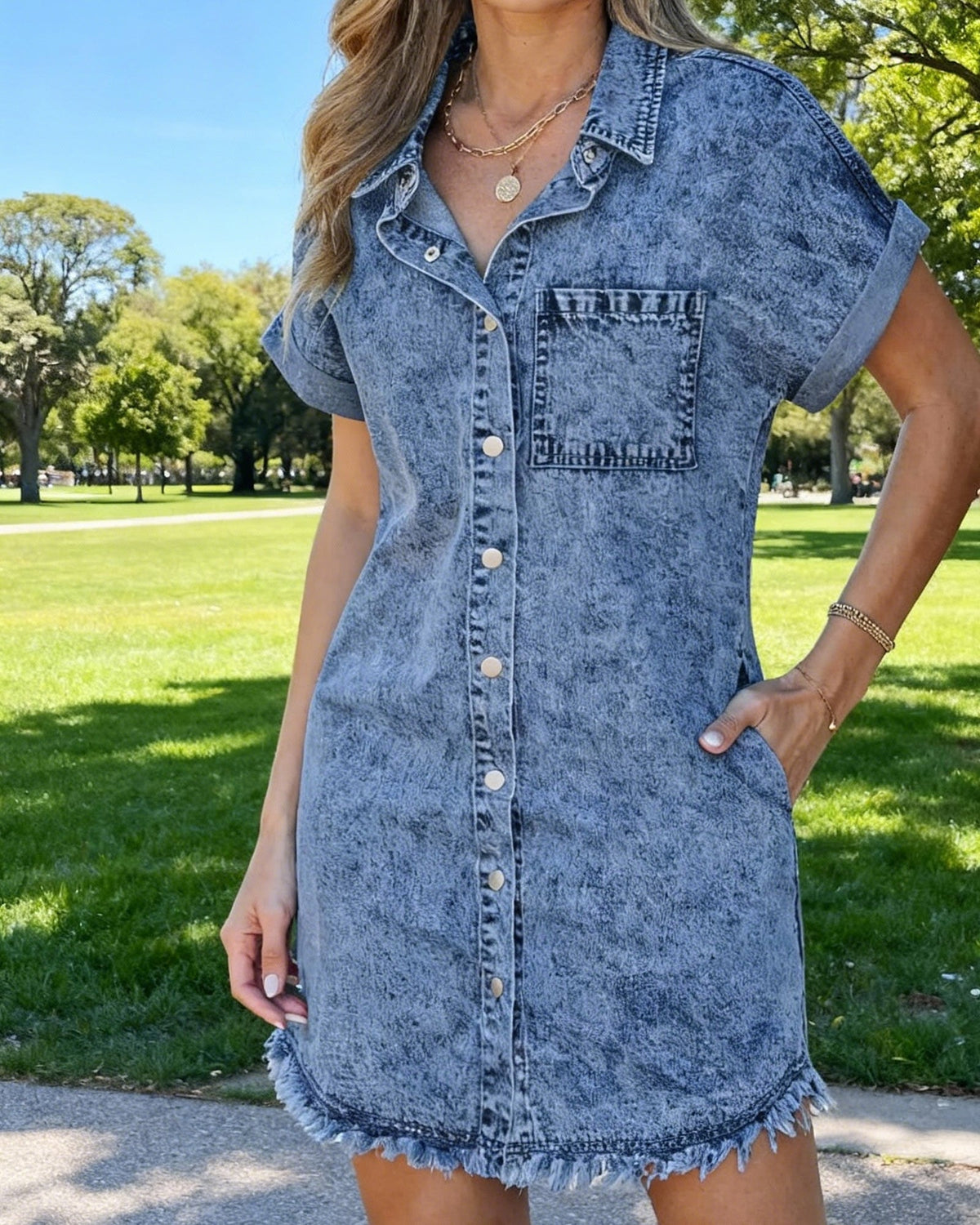 Short Sleeve Button Front Frayed Hem Denim Shirt Dress
