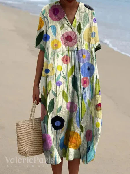 Ramona Statement Floral Print Cotton and Linen Dress Boutique Collection