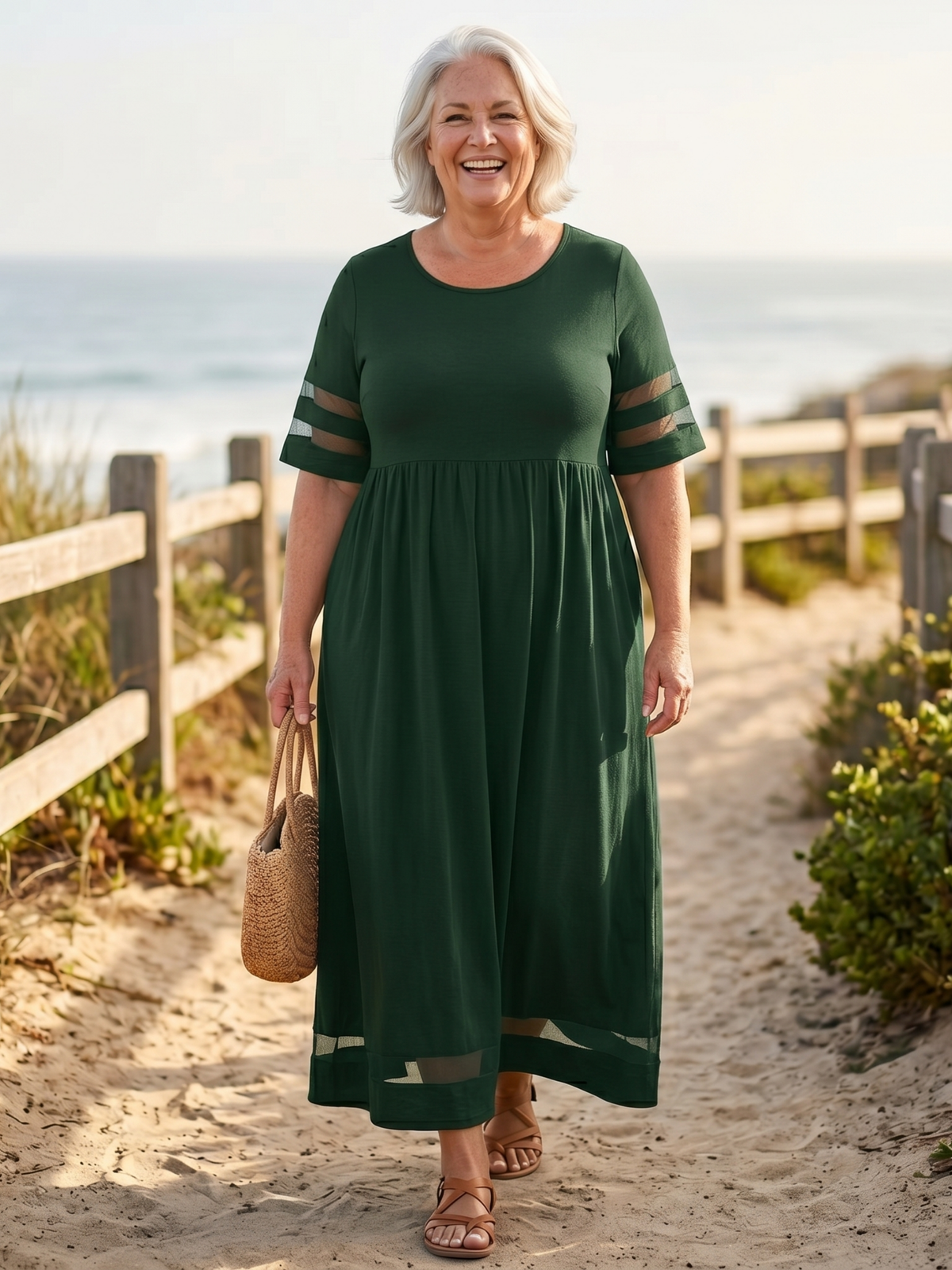 Round Neck Half Sleeve Mesh Panel Gathered Waist Midi Dress
