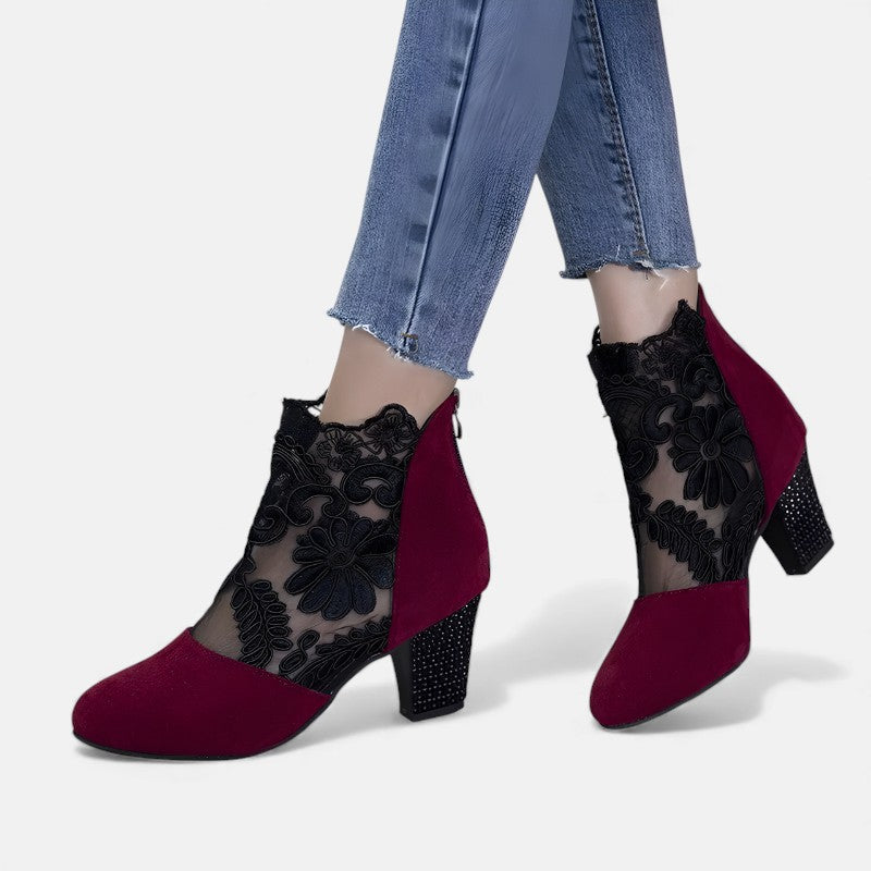Floral Lace Mesh Panel Studded Block Heel Ankle Boots