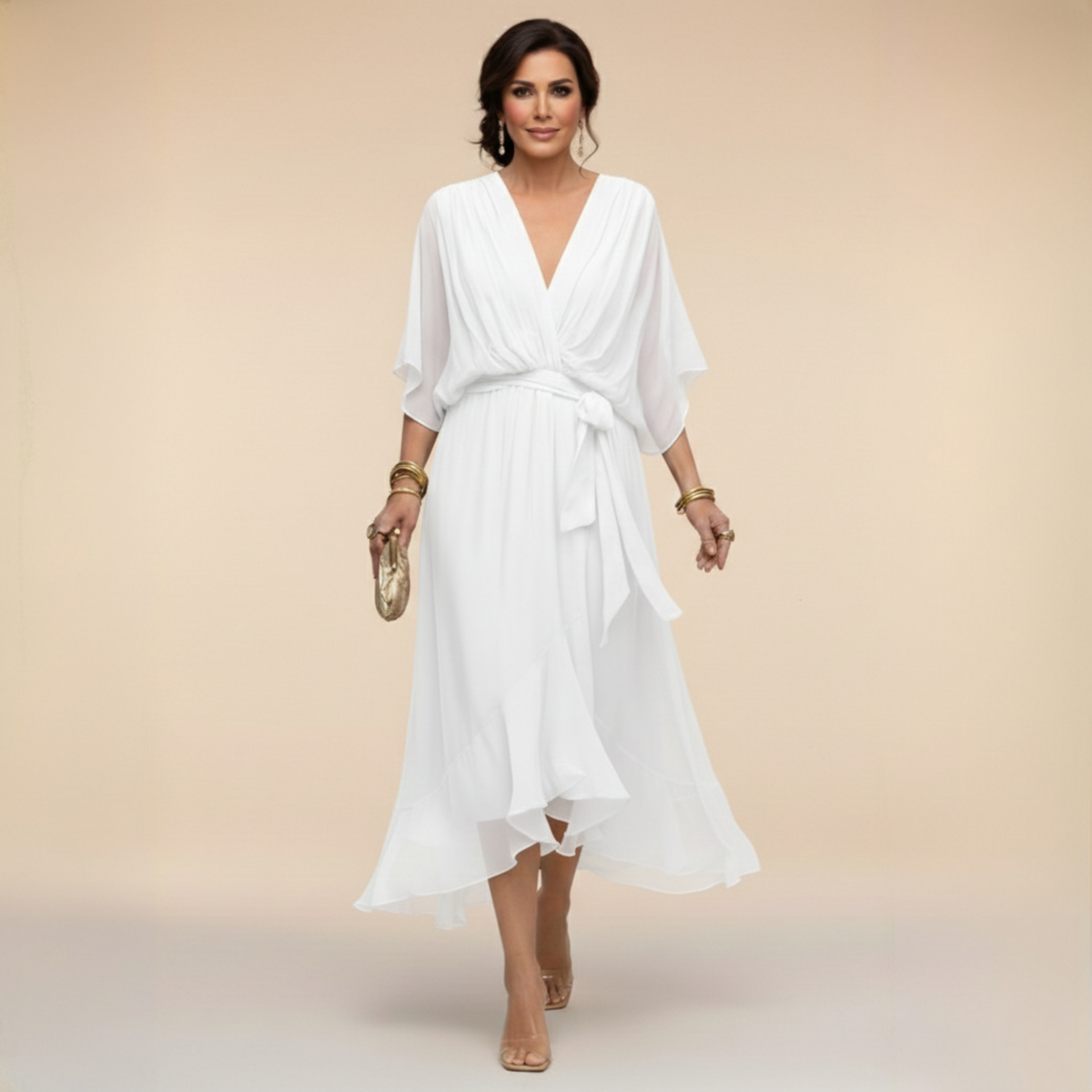 Deep V-Neck Kimono Sleeve Belted Ruffle Wrap Midi Dress