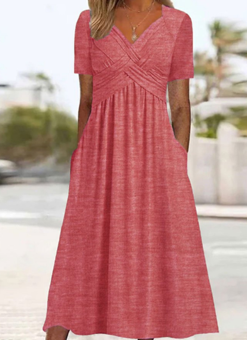 Faux Wrap V-Neck Short Sleeve A-Line Midi Dress 5