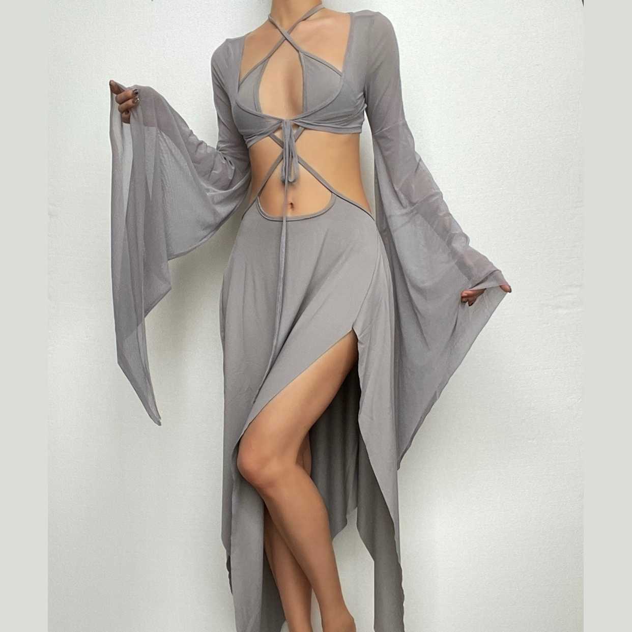 Mesh Halter Neck Flared Sleeve Cut Out High Split Midi Dress