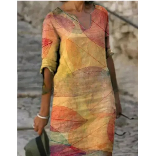 V-Neck Three Quarter Sleeve Relaxed Fit Knee Length Shift Dress