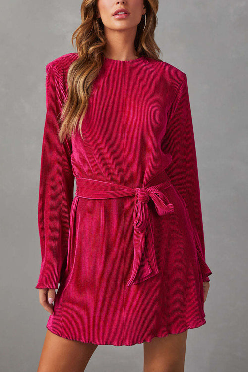Can't Leave You Now Pleated Long Sleeve Mini Dress - 2 Colors Rose Red