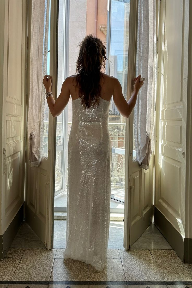 Elegant White Sequins Long Evening Dress Prom Party Dress cc1801