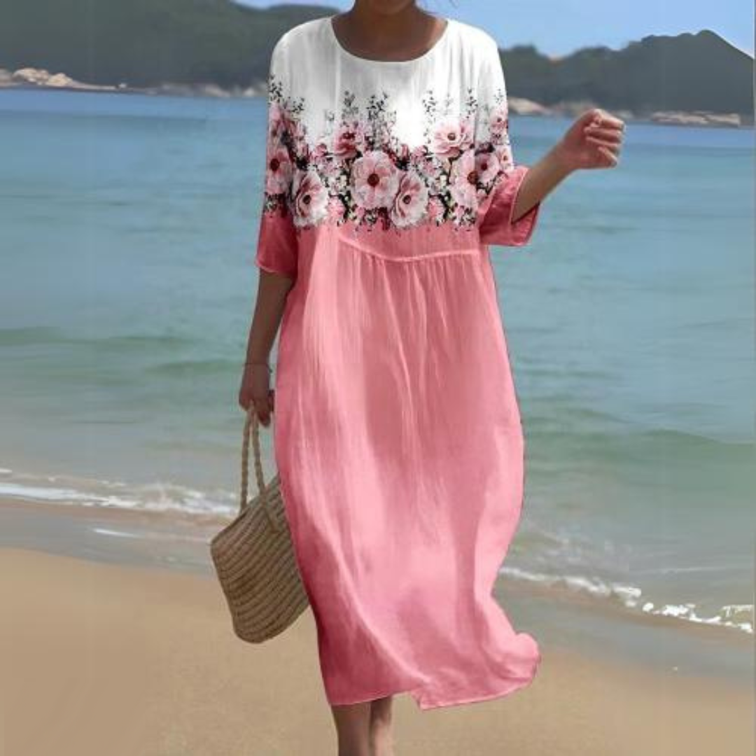 Floral Round Neck Half Sleeve Shift Summer Midi Dress