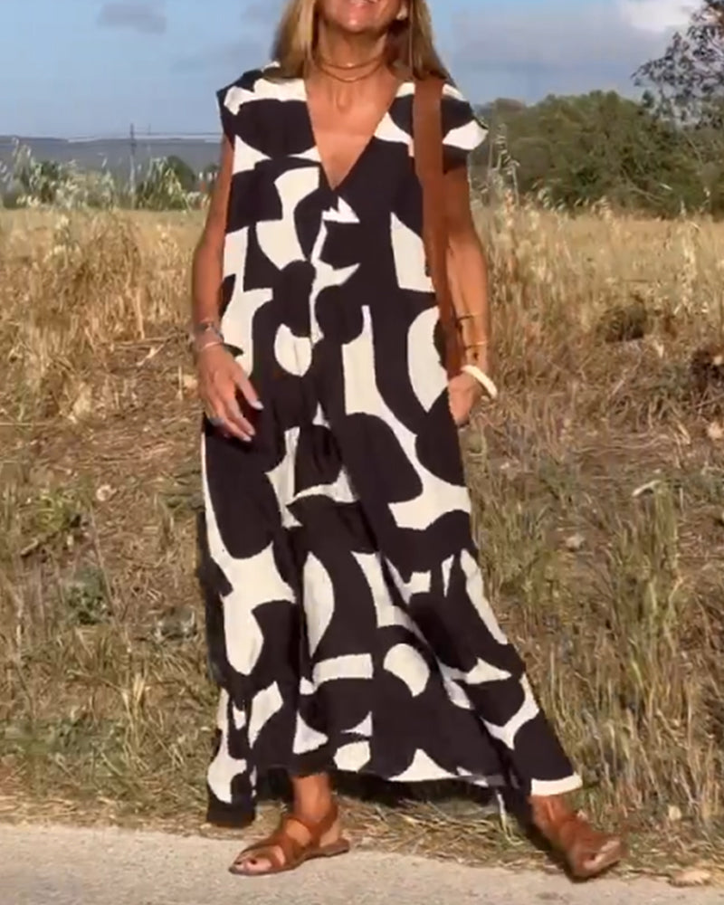 Abstract Print V-Neck Cap Sleeve Oversized Maxi Dress
