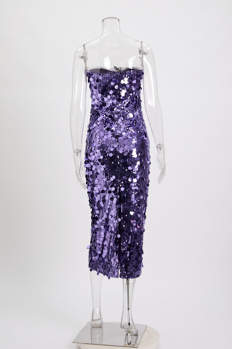 Paillette Sequin Strapless Bodycon Midi Party Dress