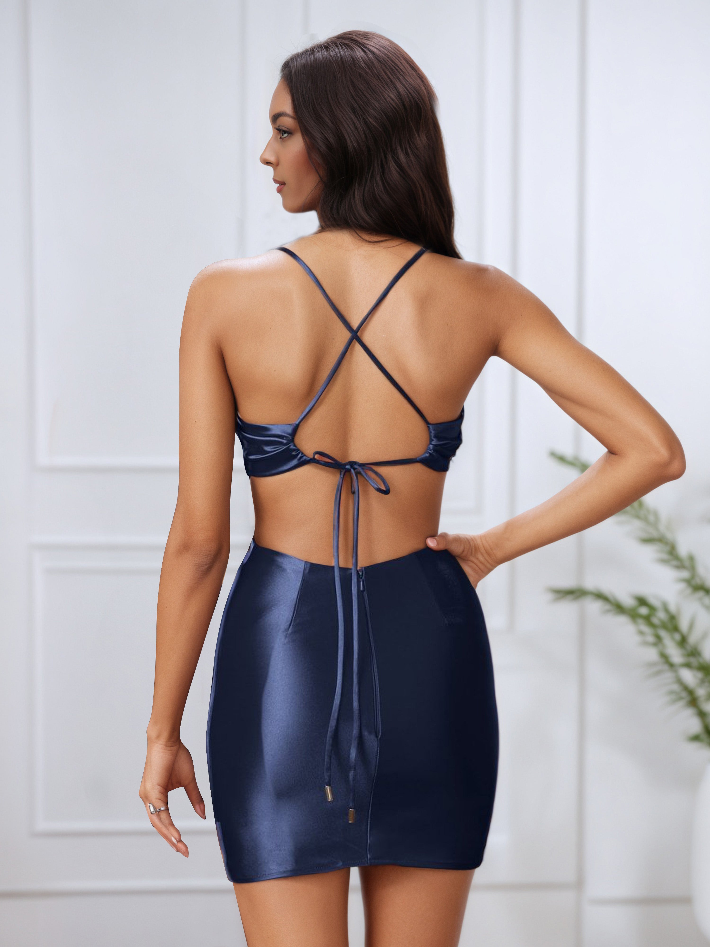 Dark Navy Minimalist Spaghetti Straps Sleeveless Homecoming Dress