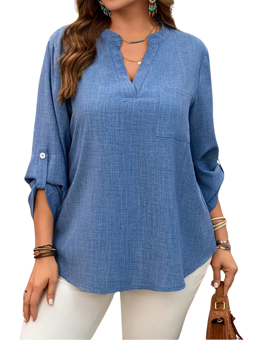 Notch V-Neck Roll Tab Long Sleeve Pocket Top