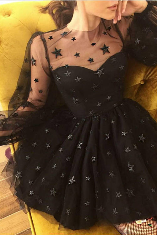 Tulle Star Print Puff Sleeve Mesh Overlay Sweetheart Mini Dress