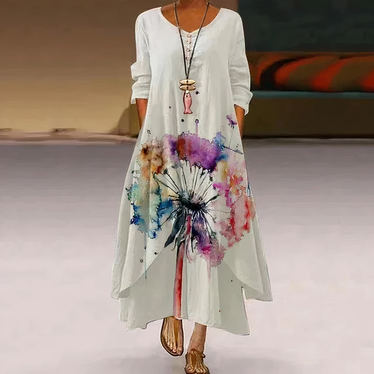 Floral Round Neck Long Sleeve High Low Maxi Dress 6