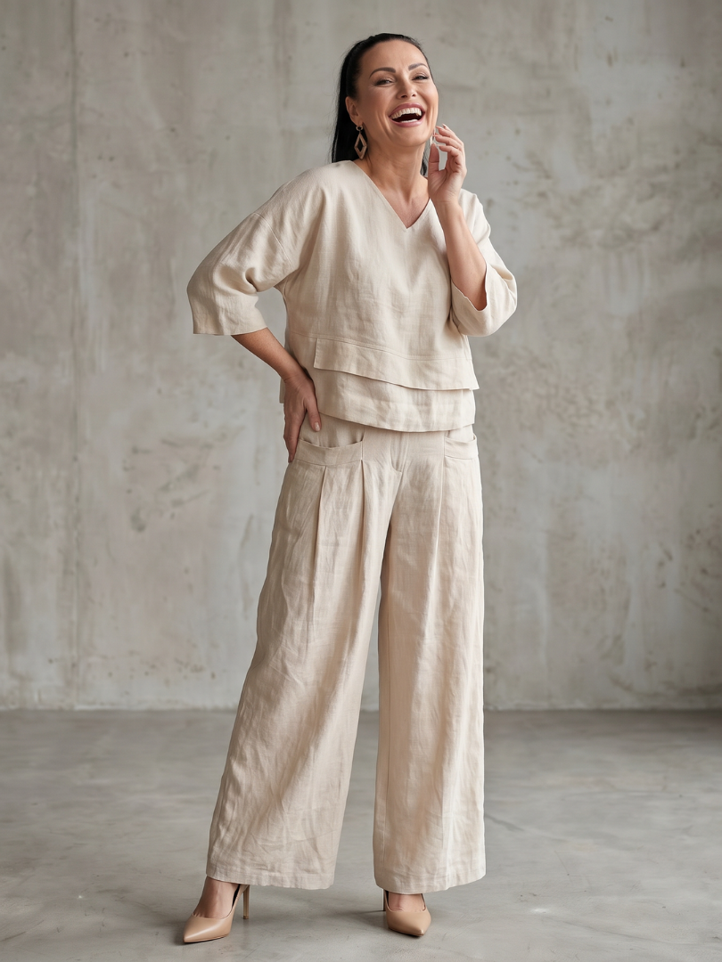 V-Neck Layered Top and Wide Leg Pants Two Piece Set