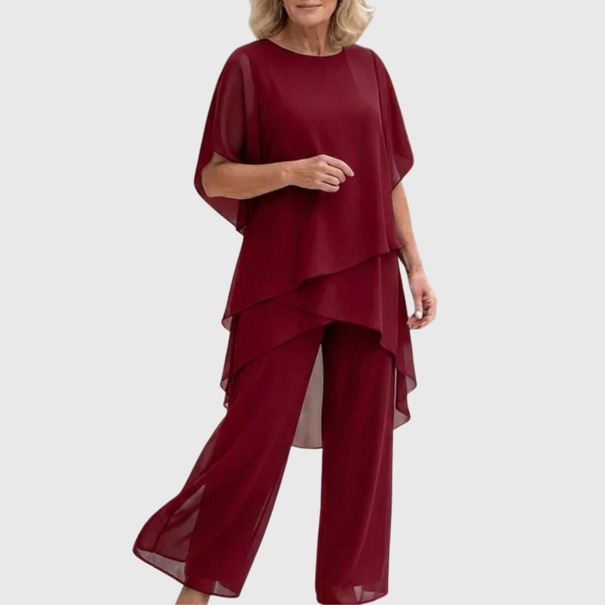 Layered Chiffon Cape Top and Wide Leg Pants Two Piece Set