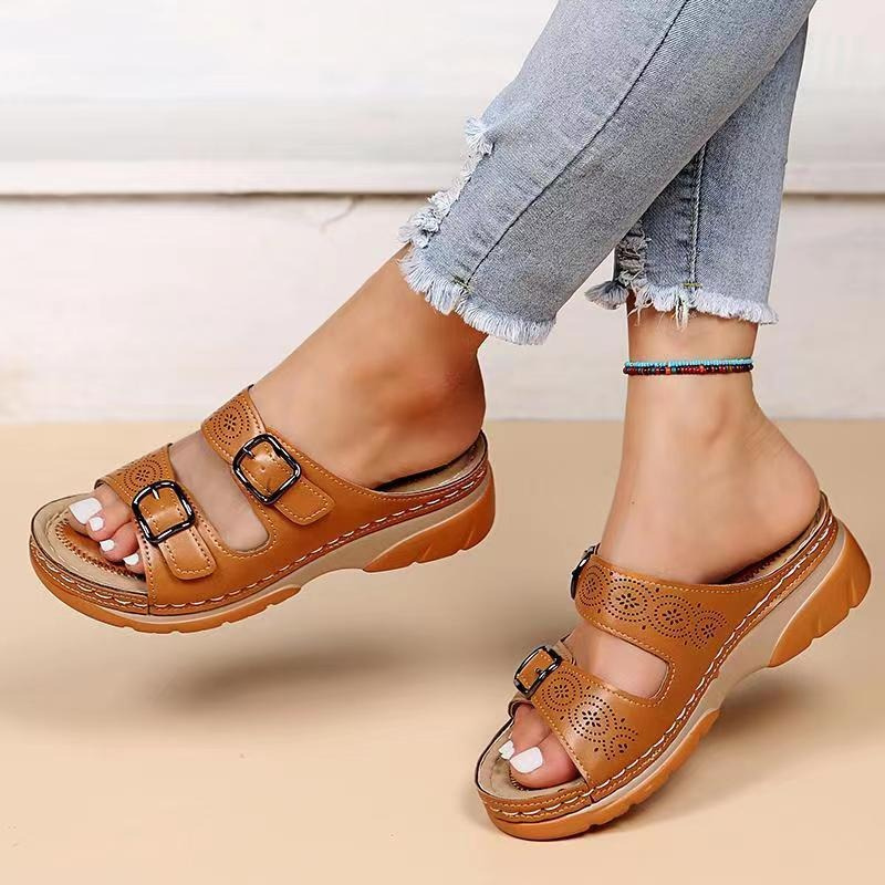 Open Toe Cutout Double Buckle Wedge Slide Sandals