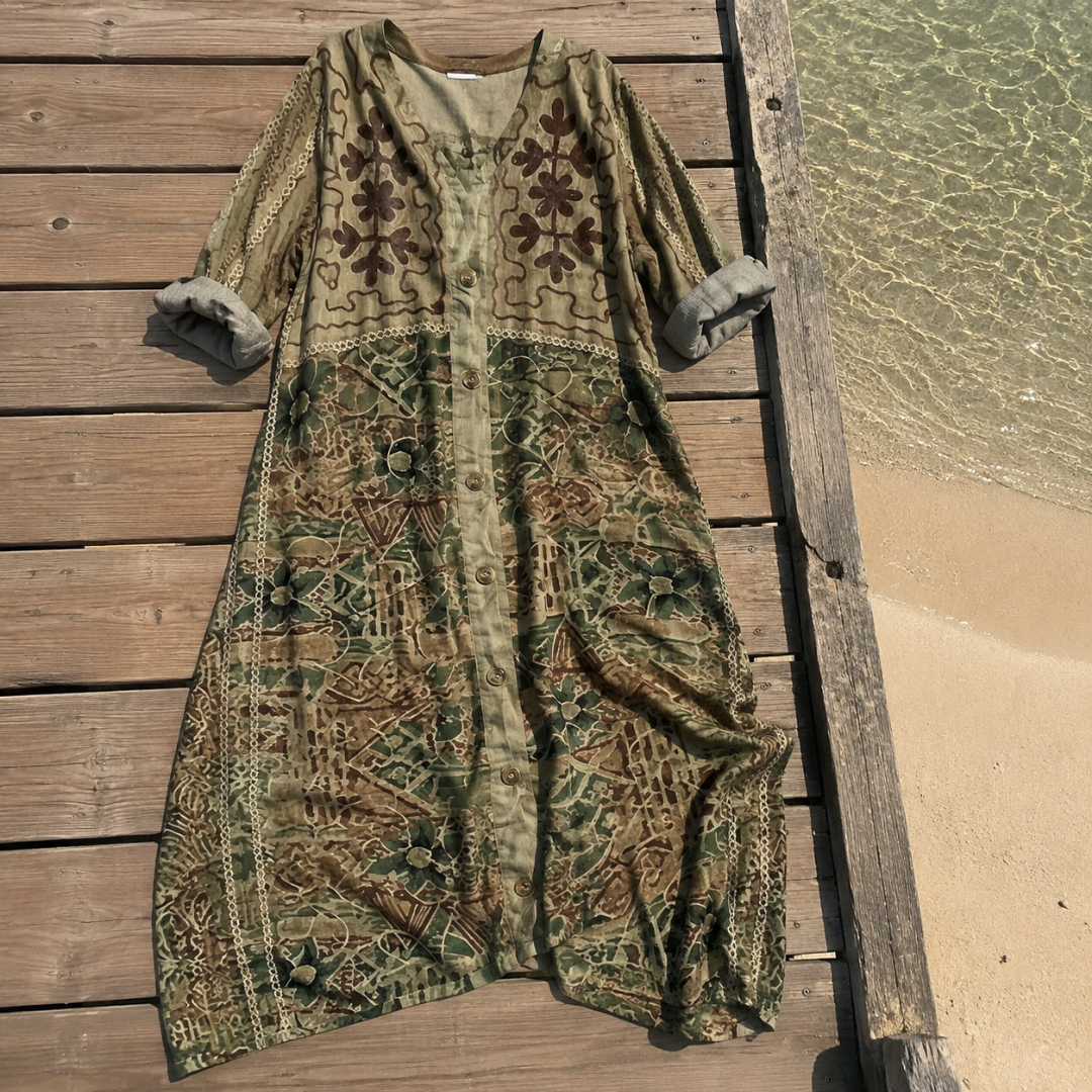 Patchwork Print V-Neck Button Front Handkerchief Hem Maxi Dress
