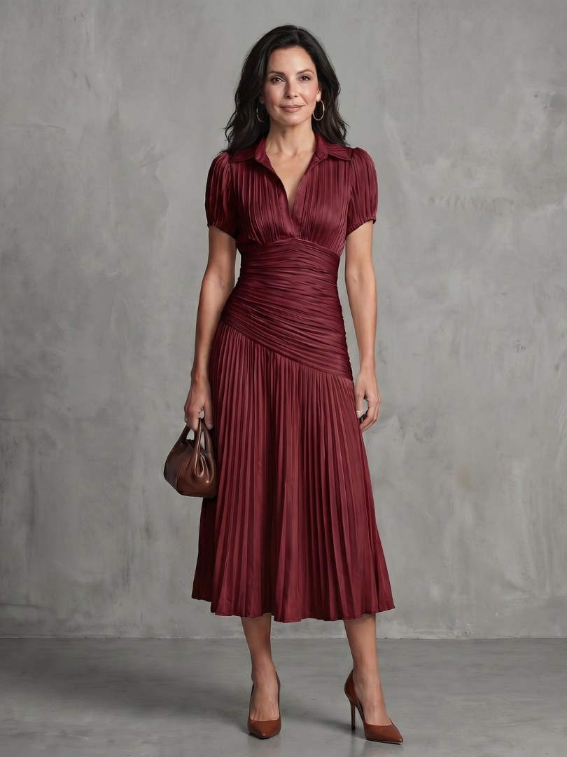 Collared V-Neck Short Sleeve Ruched Pleated Striped Midi Dress 5
