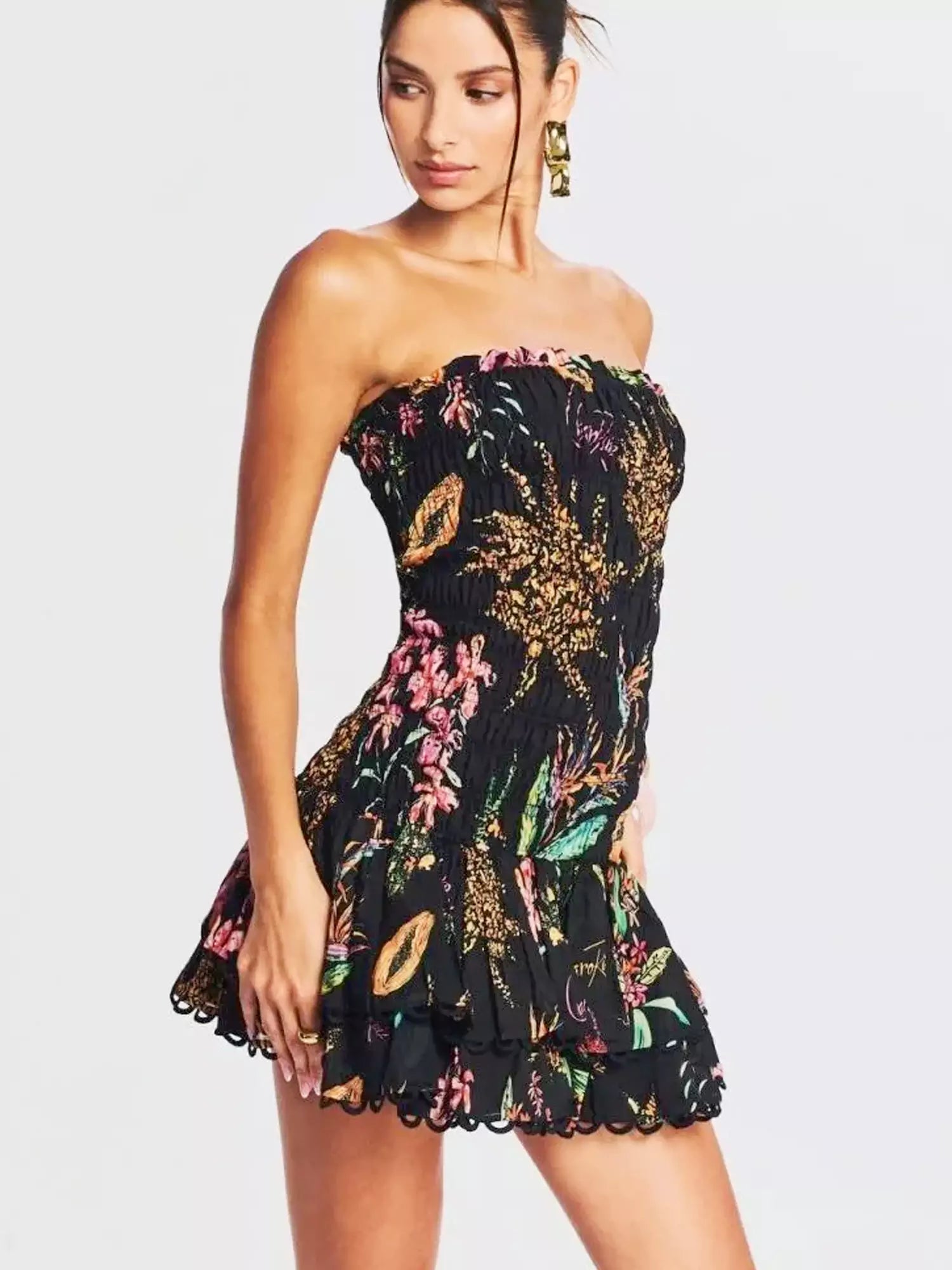 Floral Print Strapless Smocked Tiered Mini Dress