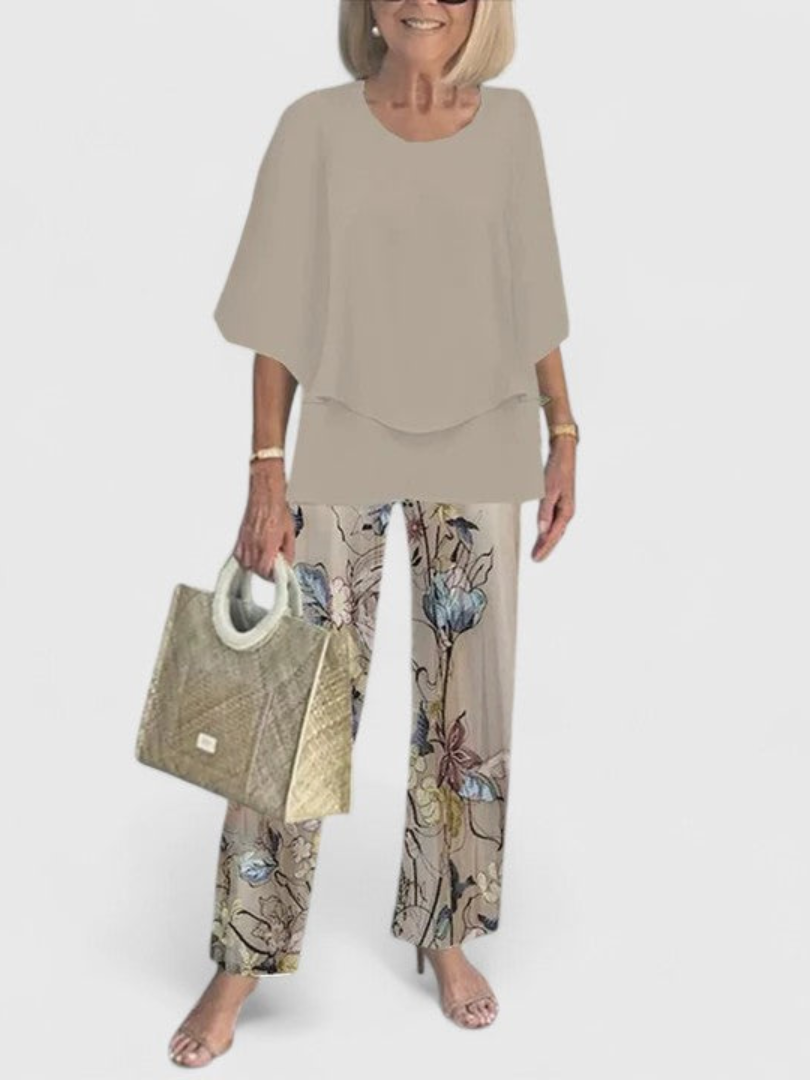 Layered Cape Overlay Top and Leaf Print Pants Two Piece Set