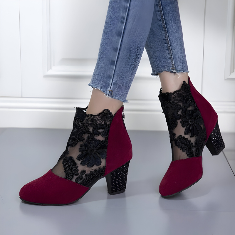 Floral Lace Mesh Embellished Block Heel Ankle Boots