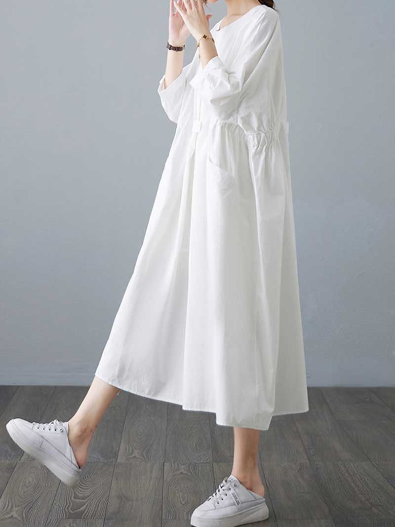 Round Neck Three Quarter Sleeve Gathered Waist Pleated Pocket A-Line Midi Dress