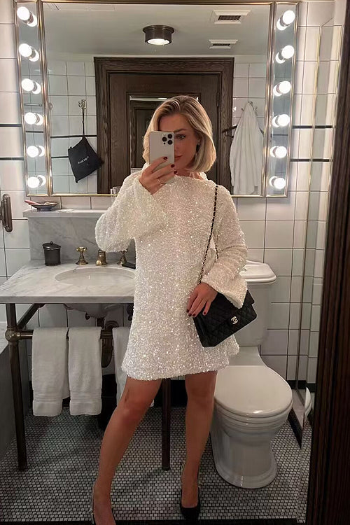 Sequin Long Sleeve Open Back Bow Tie Mini Dress
