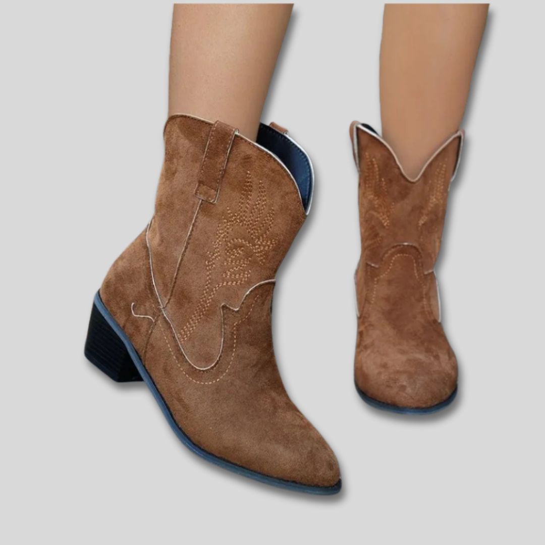 Embroidered Pointed Toe Suede Look Block Heel Western Ankle Boots