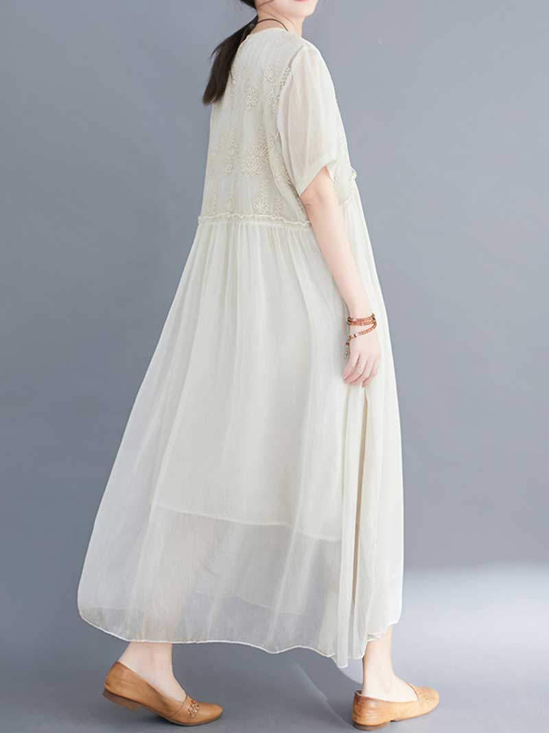 Lace Bodice Sheer Overlay Empire Waist Handkerchief Hem Midi Dress