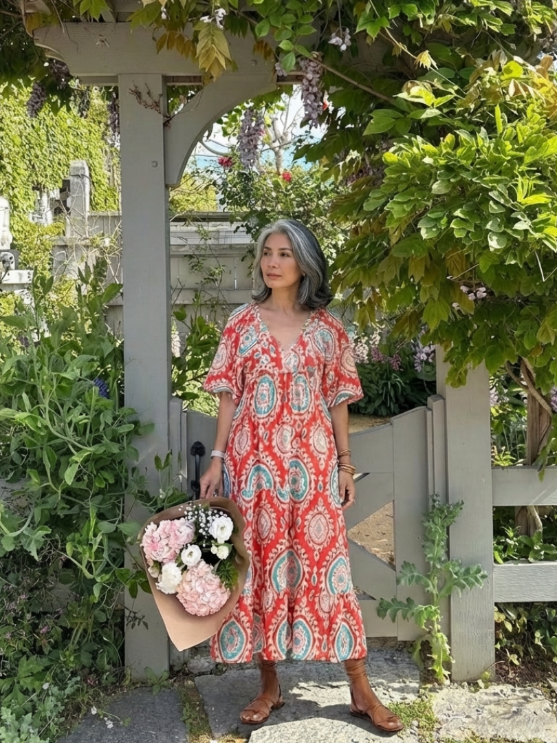 Medallion Print V-Neck Short Sleeve Tiered Maxi Dress