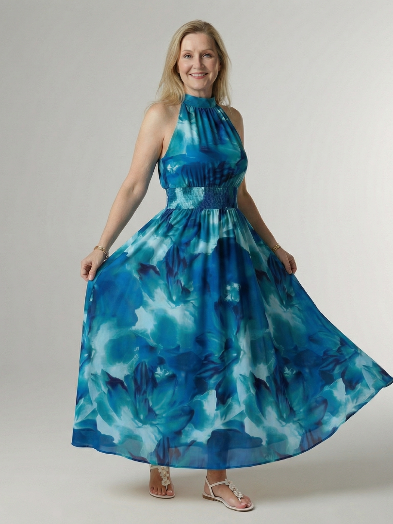 Halter Neck Sleeveless Tie Dye Smocked Waist Maxi Dress