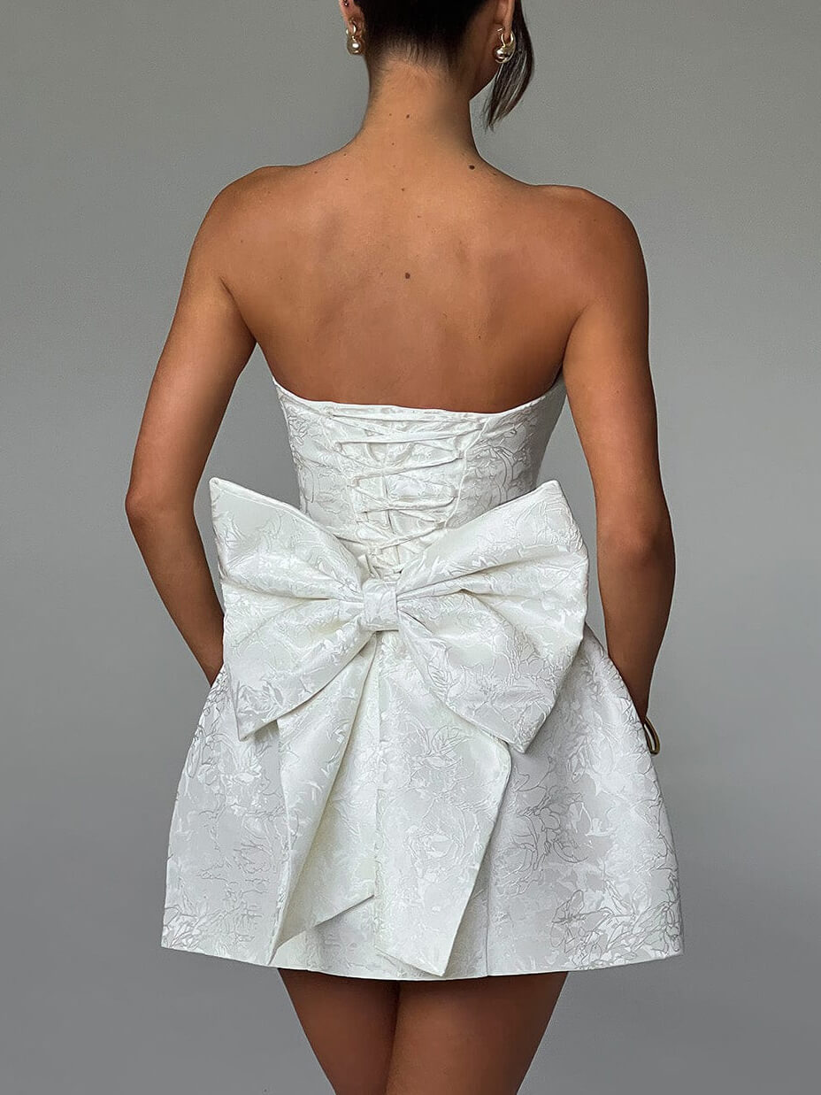 Jacquard Floral Strapless Back Bow Structured A-Line Mini Dress