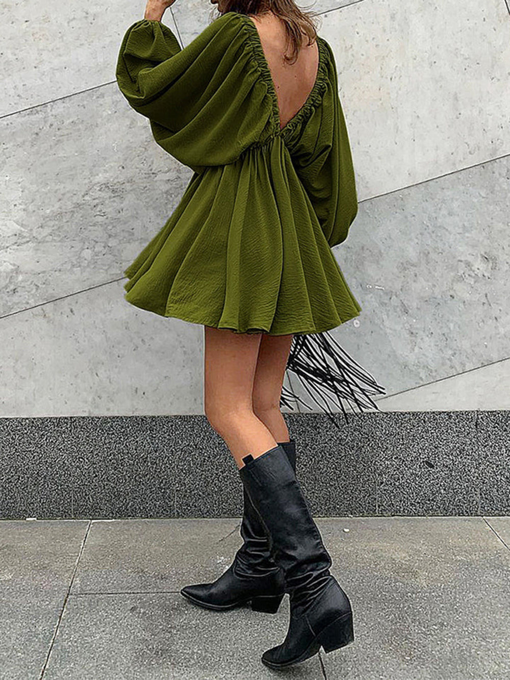Deep V-Neck Balloon Sleeve Ruched Babydoll Mini Dress