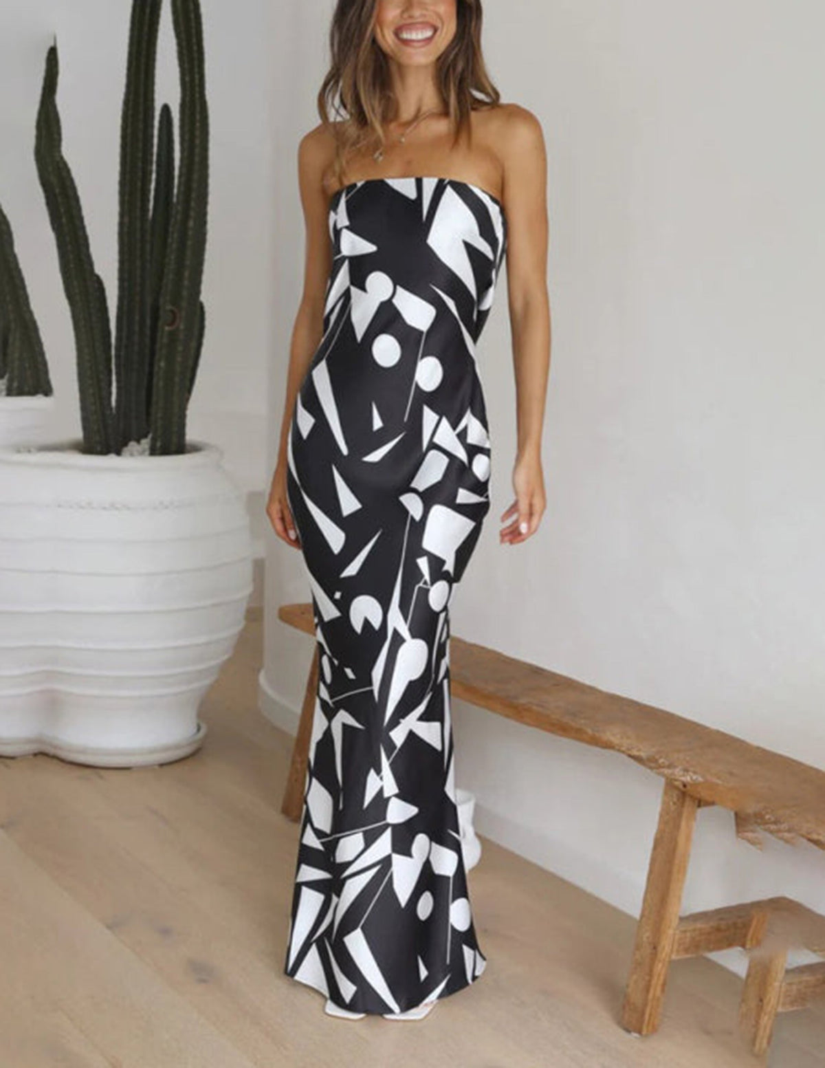 Strapless Geometric Print Satin Bodycon Mermaid Maxi Dress 5
