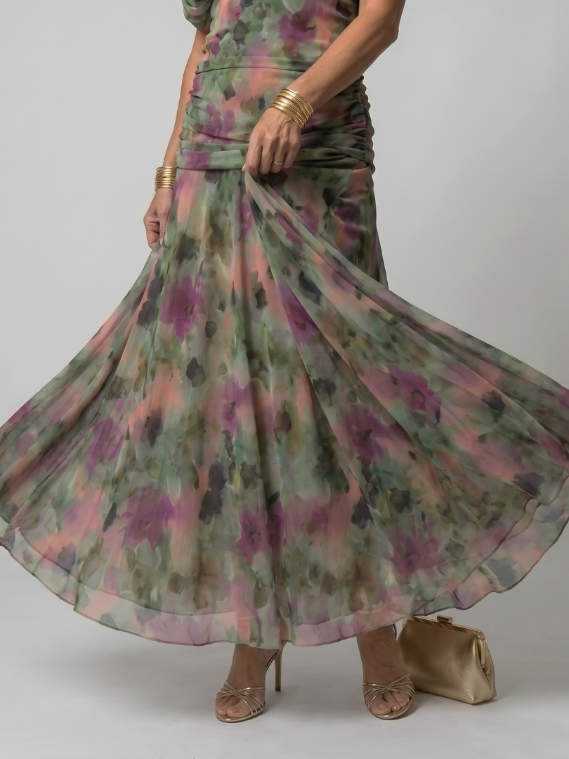 Floral Print Off Shoulder Twist Front Ruched Maxi Dress