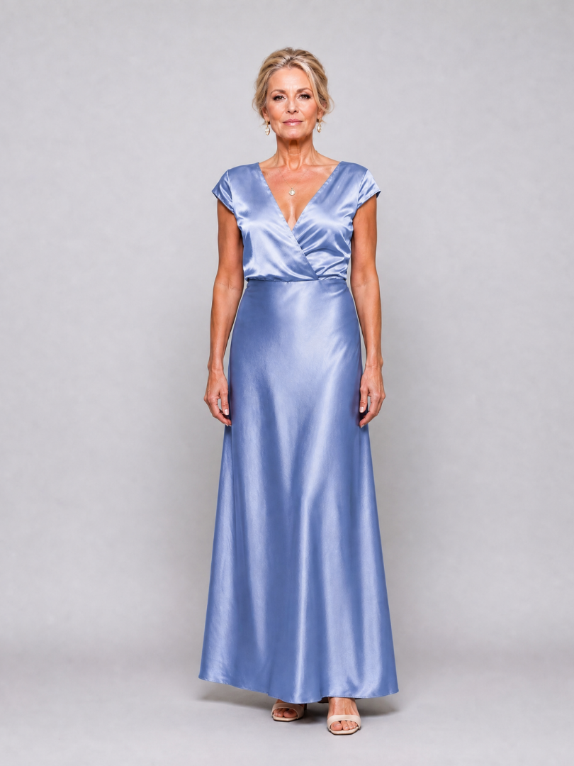 Surplice V-Neck Cap Sleeve Satin Maxi Gown
