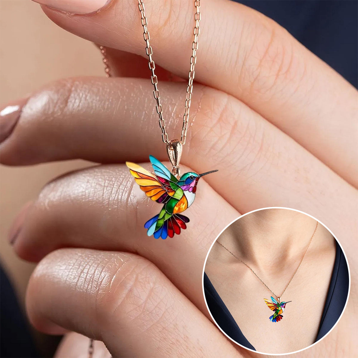 Enamel Hummingbird Pendant Fine Chain Necklace