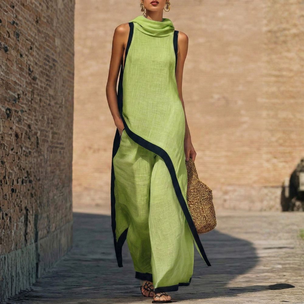 Contrast Trim Sleeveless Top and Wide Leg Pants Two Piece Set