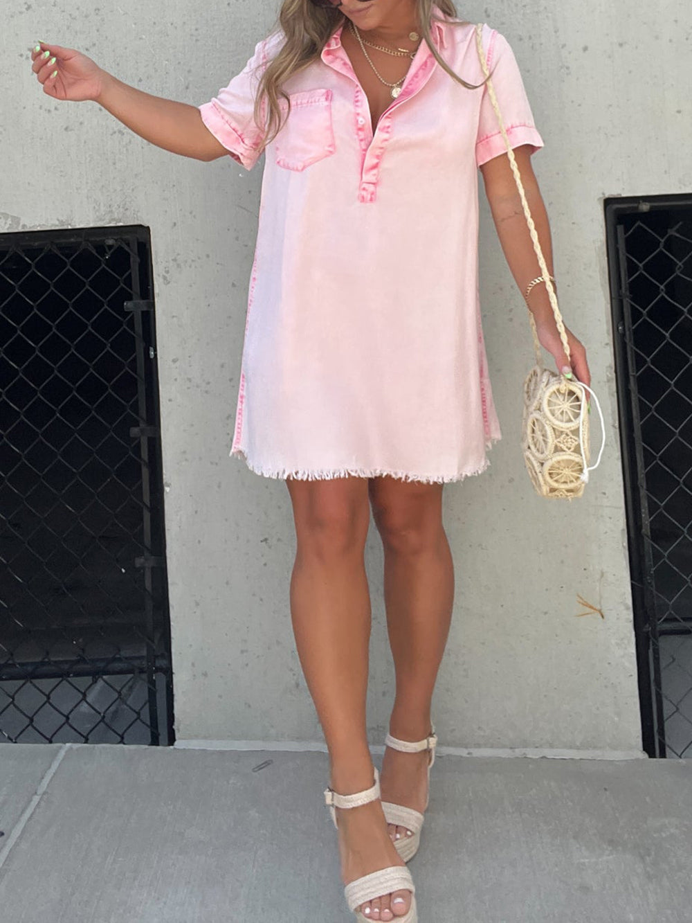 Collared Short Sleeve Button Placket Frayed Hem Mini Dress